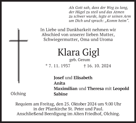 Traueranzeige von Klara Gigl von merkurtz