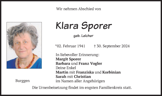 Traueranzeige von Klara Sporer von merkurtz