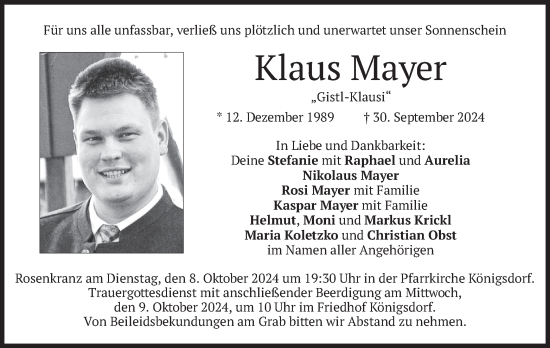 Traueranzeige von Klaus Mayer von merkurtz