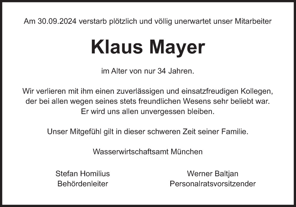  Traueranzeige für Klaus Mayer vom 08.10.2024 aus merkurtz