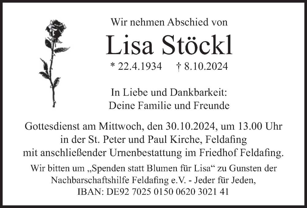  Traueranzeige für Lisa Stöckl vom 19.10.2024 aus merkurtz