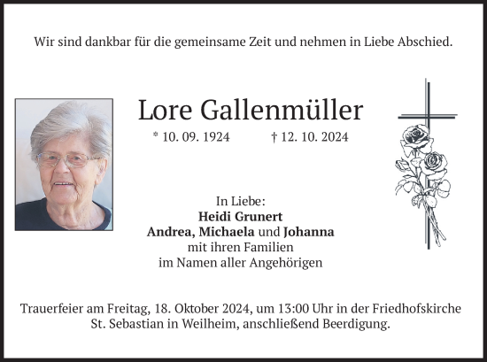 Traueranzeige von Lore Gallenmüller von merkurtz