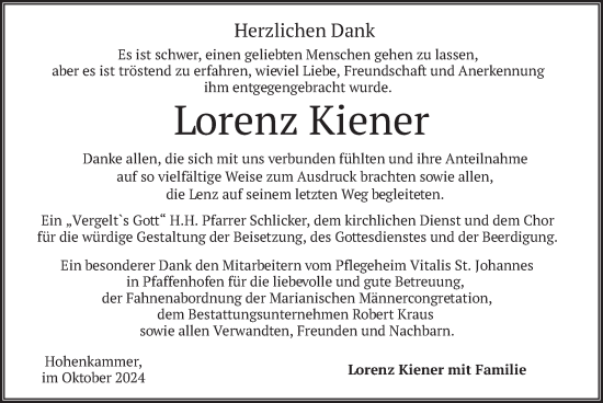 Traueranzeige von Lorenz Kiener von merkurtz