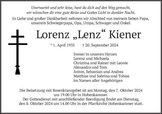 Traueranzeige von Lorenz Kiener von merkurtz