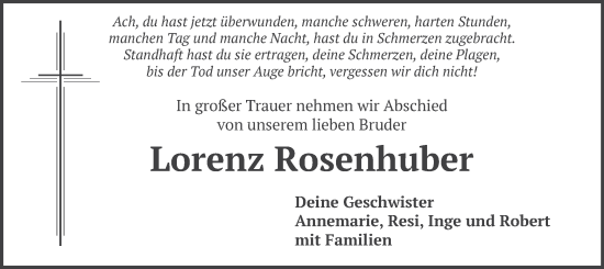 Traueranzeige von Lorenz Rosenhuber von merkurtz