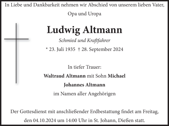 Traueranzeige von Ludwig Altmann von merkurtz