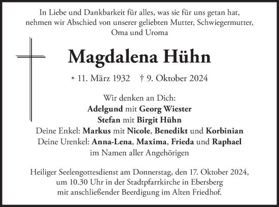Traueranzeige von Magdalena Hühn von merkurtz