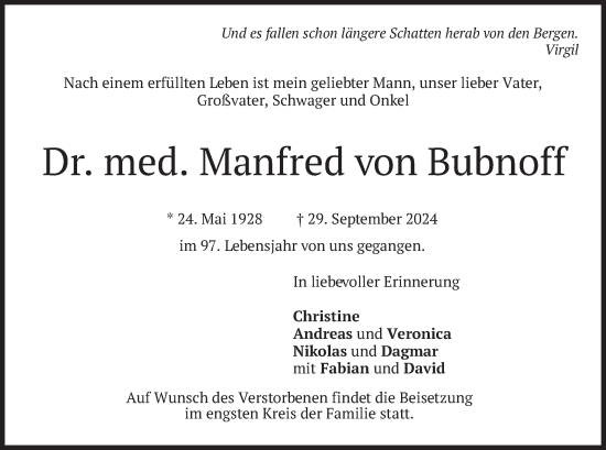 Traueranzeige von Manfred von Bubnoff von merkurtz