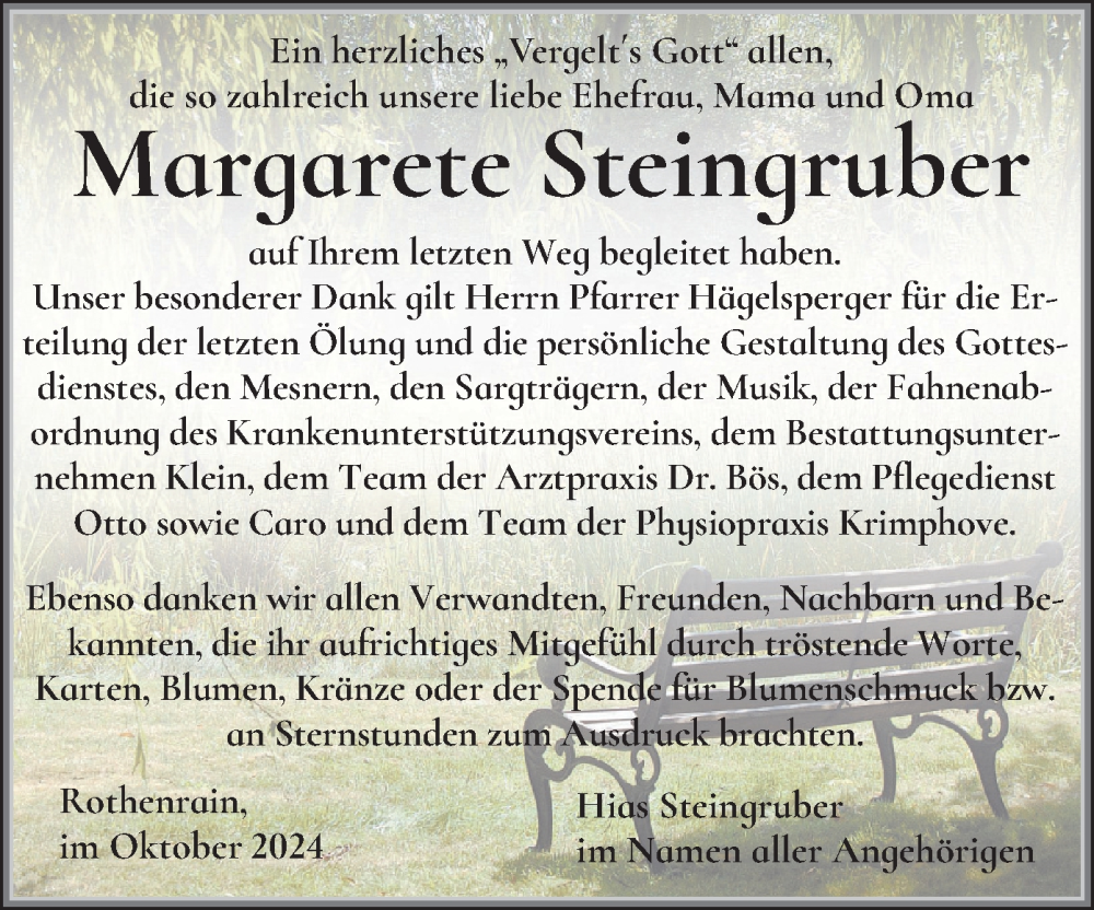  Traueranzeige für Margarete Steingruber vom 12.10.2024 aus merkurtz