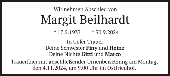 Traueranzeige von Margit Beilhardt von merkurtz