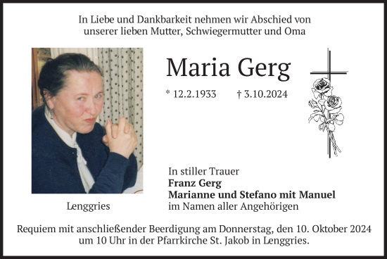 Traueranzeige von Maria Gerg von merkurtz