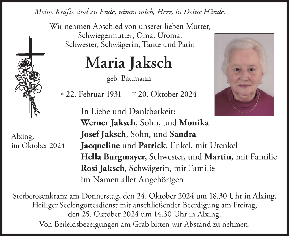  Traueranzeige für Maria Jaksch vom 23.10.2024 aus merkurtz