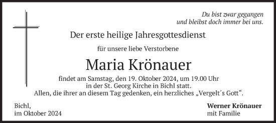 Traueranzeige von Maria Krönauer von merkurtz