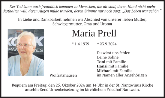 Traueranzeige von Maria Prell von merkurtz
