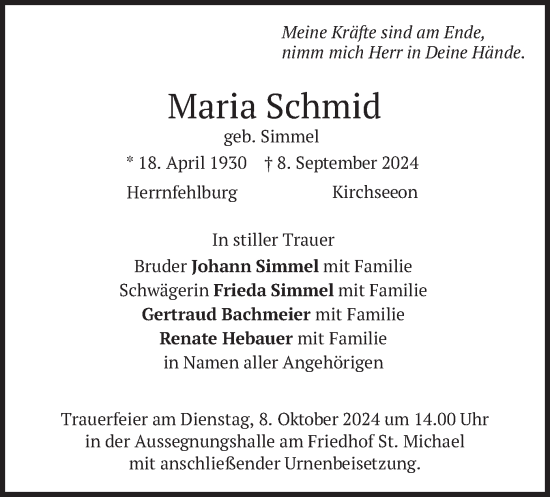 Traueranzeige von Maria Schmid