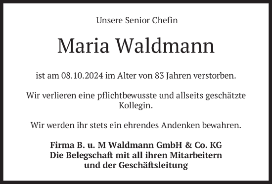 Traueranzeige von Maria Waldmann von merkurtz