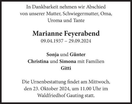 Traueranzeige von Marianne Feyerabend von merkurtz