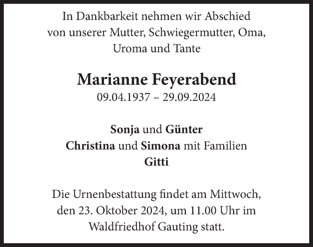  Traueranzeige für Marianne Feyerabend vom 19.10.2024 aus merkurtz