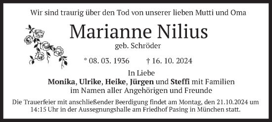 Traueranzeige von Marianne Nilius von merkurtz