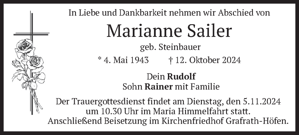  Traueranzeige für Marianne Sailer vom 26.10.2024 aus merkurtz