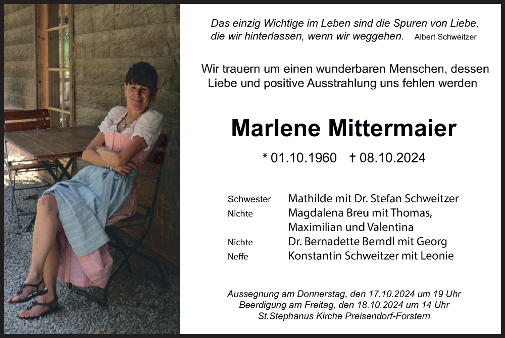  Traueranzeige für Marlene Mittermaier vom 15.10.2024 aus merkurtz