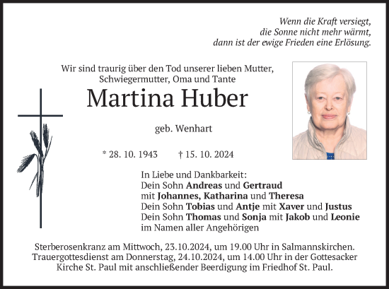 Traueranzeige von Martina Huber von merkurtz