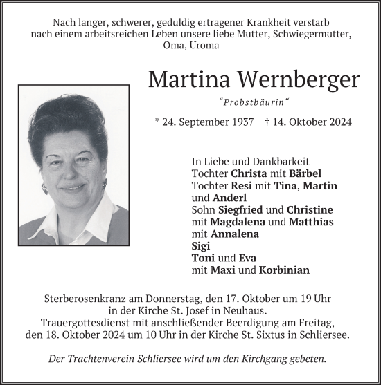 Traueranzeige von Martina Wernberger von merkurtz