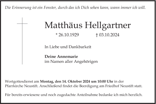 Traueranzeige von Matthäus Hellgartner von merkurtz