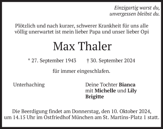 Traueranzeige von Max Thaler von merkurtz