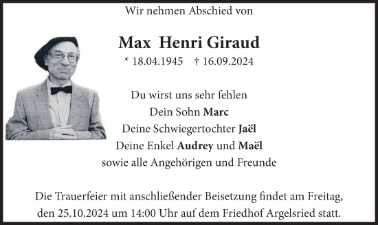 Traueranzeige von Max Henri Giraud von merkurtz