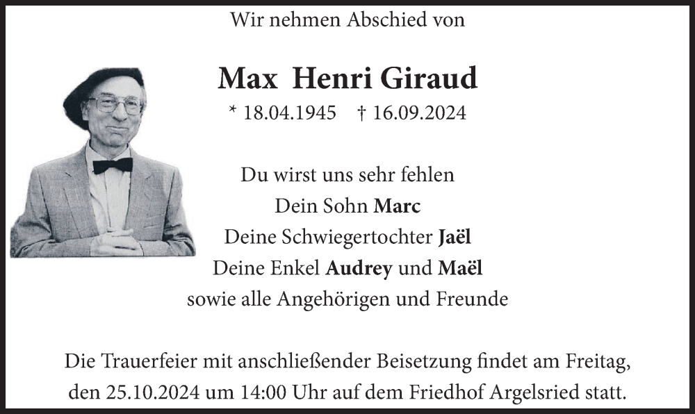  Traueranzeige für Max Henri Giraud vom 19.10.2024 aus merkurtz