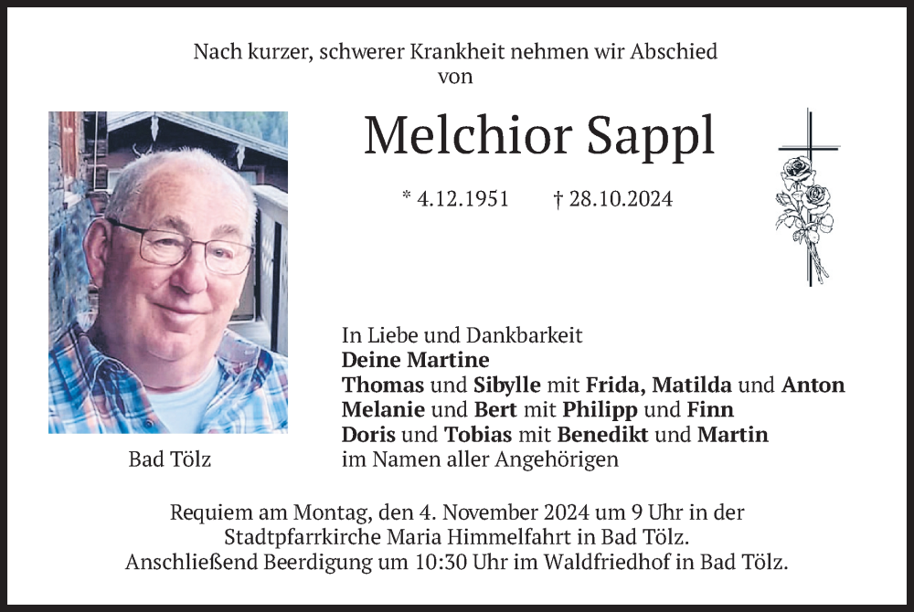  Traueranzeige für Melchior Sappl vom 31.10.2024 aus merkurtz