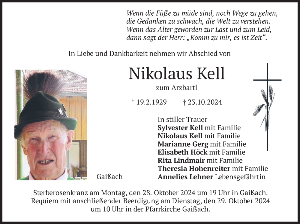  Traueranzeige für Nikolaus Kell vom 26.10.2024 aus merkurtz