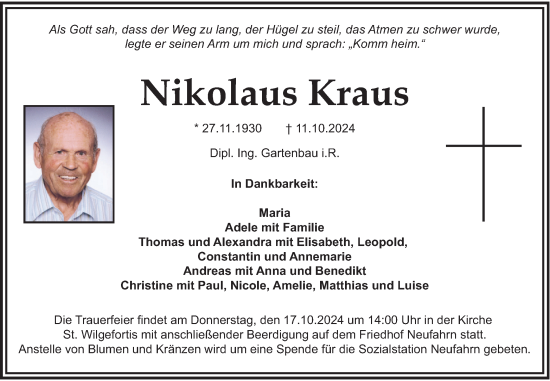 Traueranzeige von Nikolaus Kraus von merkurtz