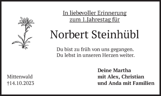 Traueranzeige von Norbert Steinhübl von merkurtz