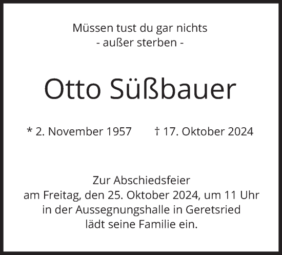 Traueranzeige von Otto Süßbauer von merkurtz