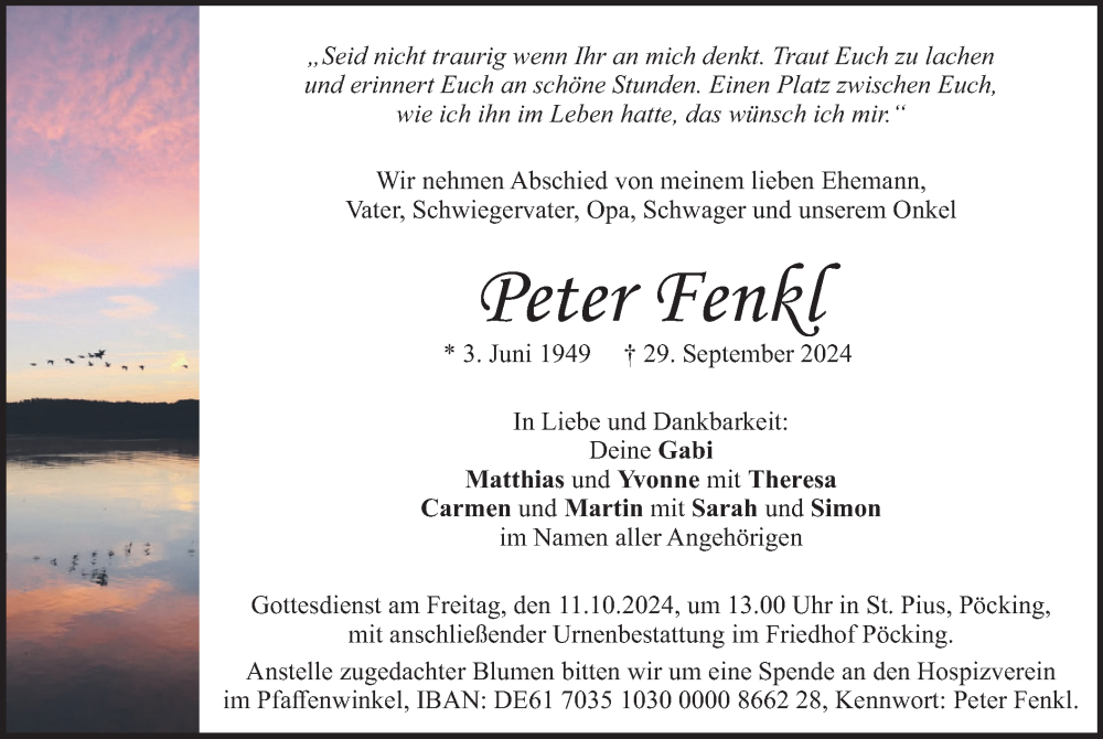  Traueranzeige für Peter Fenkl vom 05.10.2024 aus merkurtz