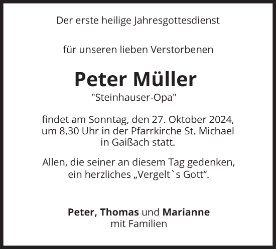 Traueranzeige von Peter Müller von merkurtz