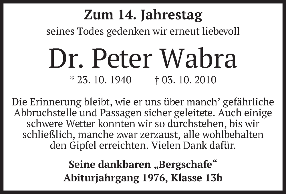  Traueranzeige für Peter Wabra vom 02.10.2024 aus merkurtz