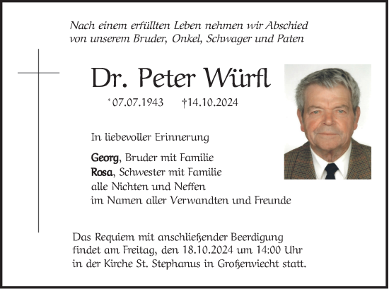 Traueranzeige von Peter Würfl von merkurtz