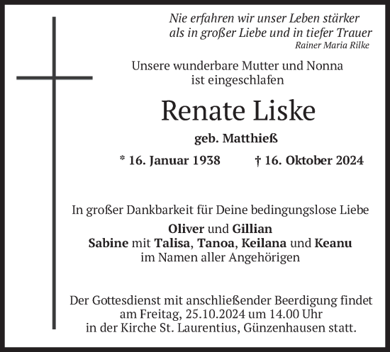 Traueranzeige von Renate Liske von merkurtz