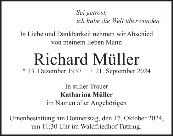 Traueranzeige von Richard Müller von merkurtz
