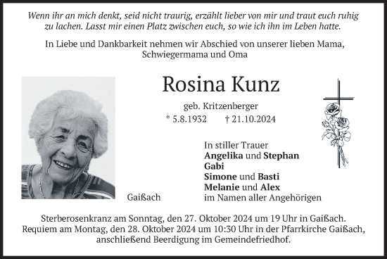 Traueranzeige von Rosina Kunz von merkurtz