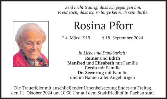Traueranzeige von Rosina Pforr von merkurtz