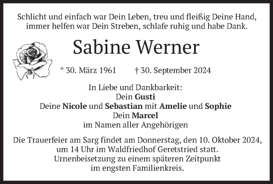 Traueranzeige von Sabine Werner von merkurtz