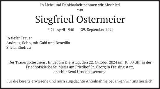 Traueranzeige von Siegfried Ostermeier von merkurtz