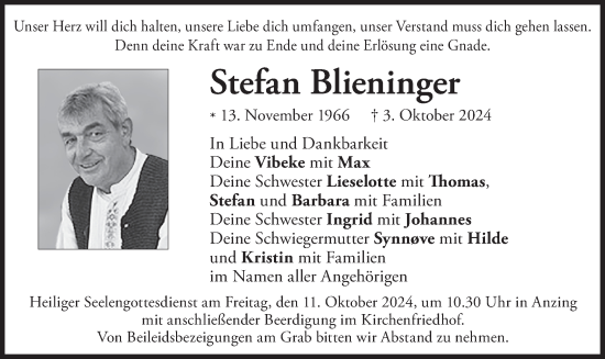 Traueranzeige von Stefan Blieninger von merkurtz