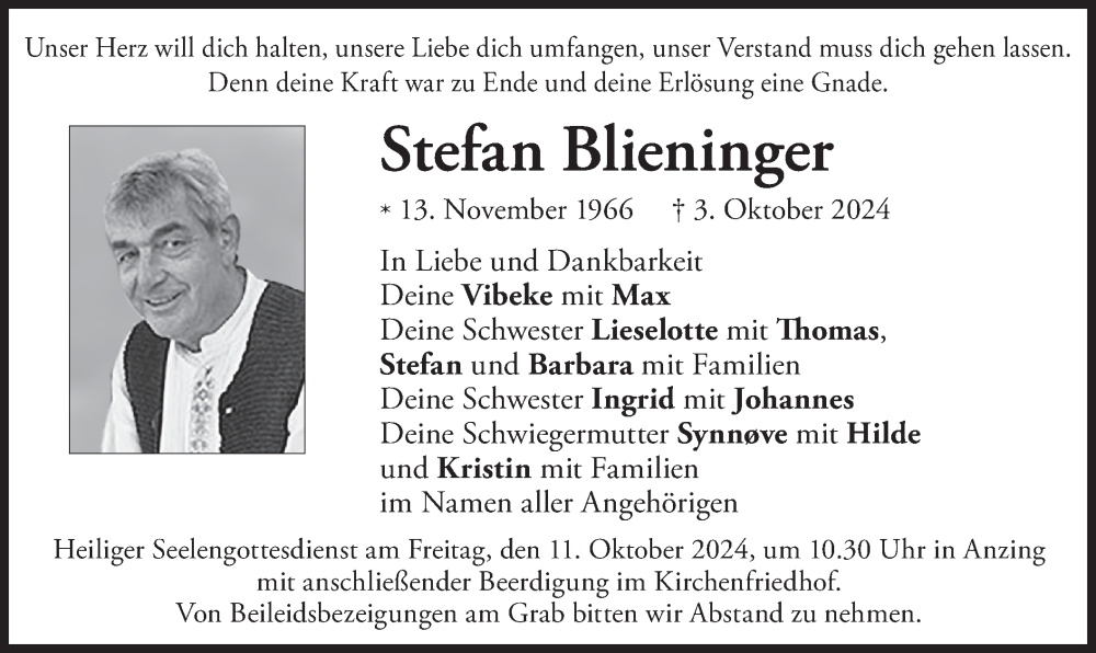  Traueranzeige für Stefan Blieninger vom 08.10.2024 aus merkurtz