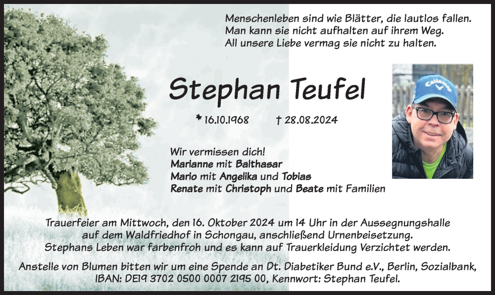  Traueranzeige für Stephan Teufel vom 05.10.2024 aus merkurtz