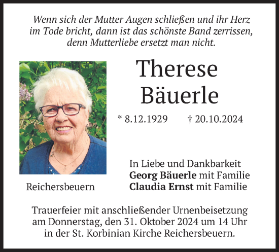 Traueranzeige von Therese Bäuerle von merkurtz